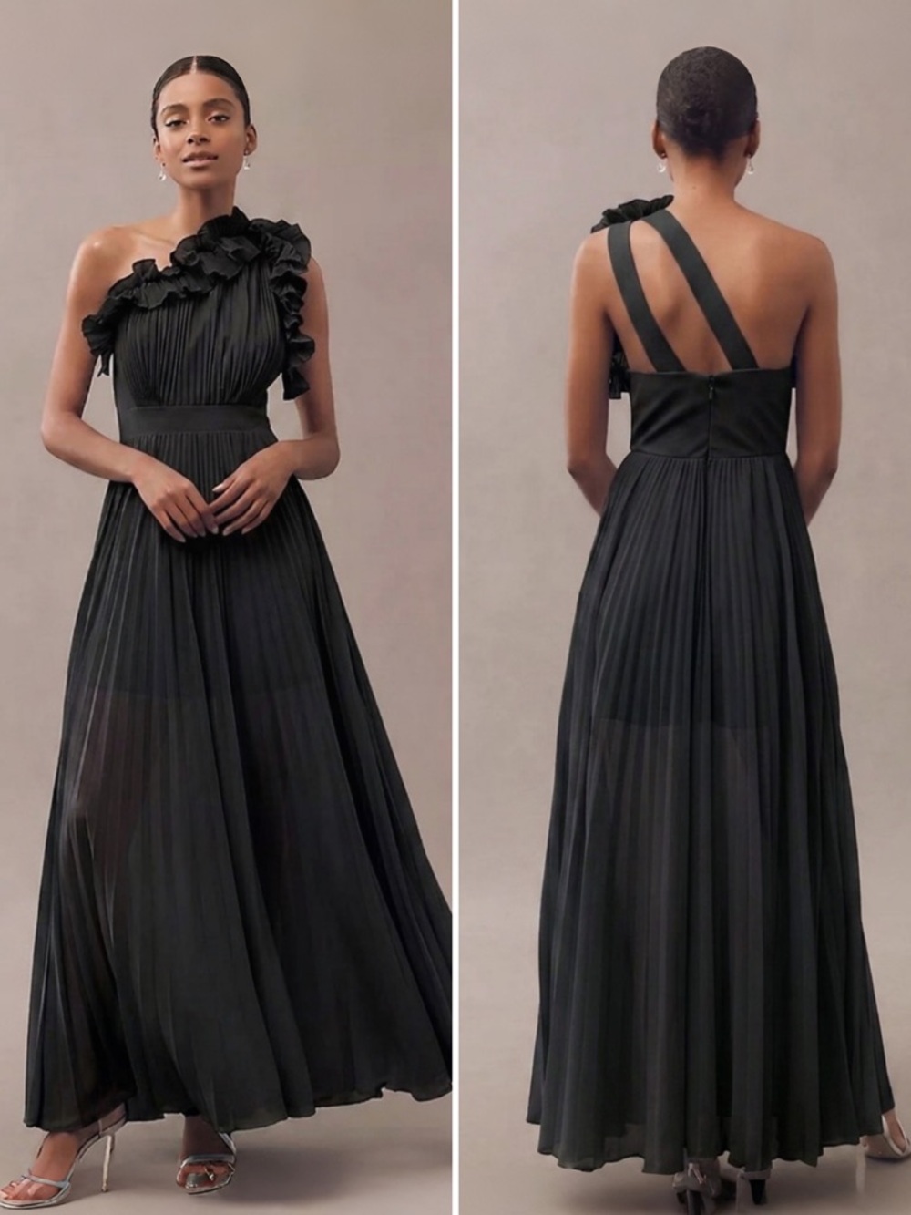 Dress The Population Vida Black One-Shoulder Pleated Chiffon Maxi Dress Sz M NEW